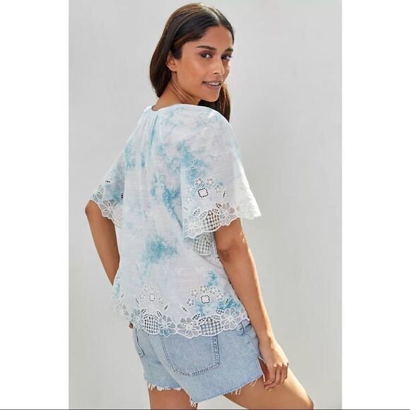 NEW Anthropologie Blue Embroidered Lace Tie-Dye Short-Sleeve Blouse Medium - Picture 2 of 4